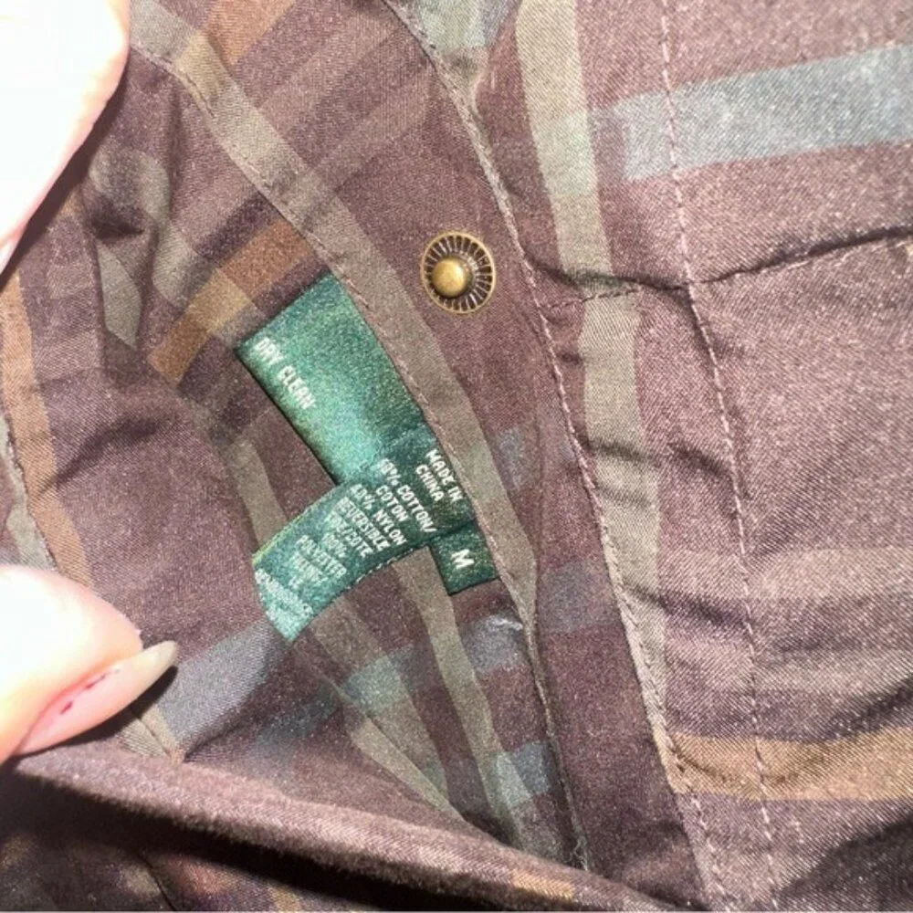 Ralph Lauren Reversible Puffer Vest Jacket Orange Brown Check Medium Cabincore